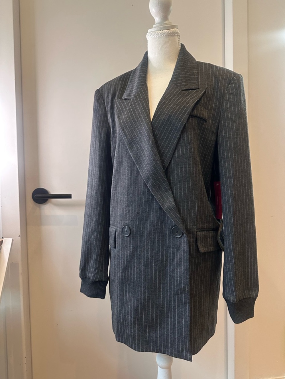 Carbon38 Double-Breasted Pinstripe Blazer Jacket - Charcoal Gray